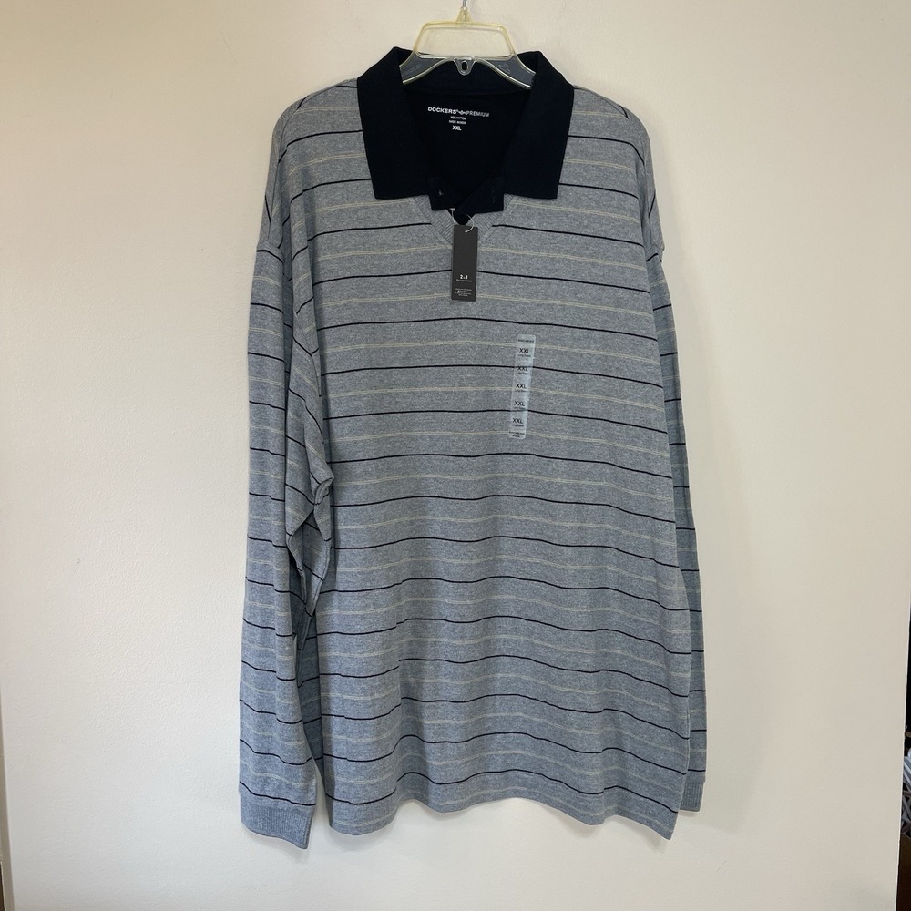 NEW Dockers Premium Mens XXL 2-in-1 Long Sleeve Polo Shirt Grey‎ Striped